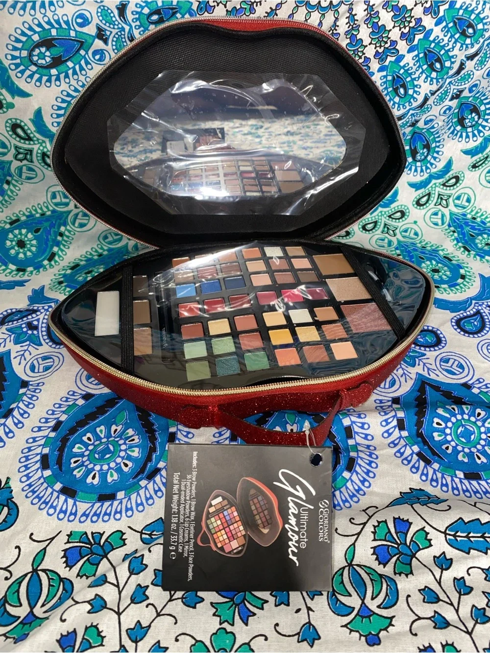 Red Glitter Lip Cosmetics Bag With A Top-Handle Makeup Included